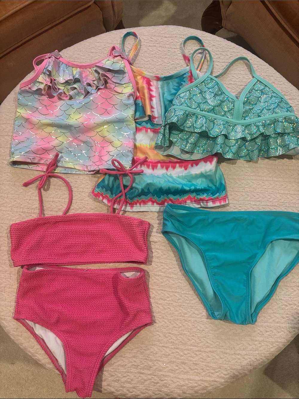 Girls Swim Bikini Sets - Teal, Pink, Rainbow, 4 tops and 2 bottoms mix and match
